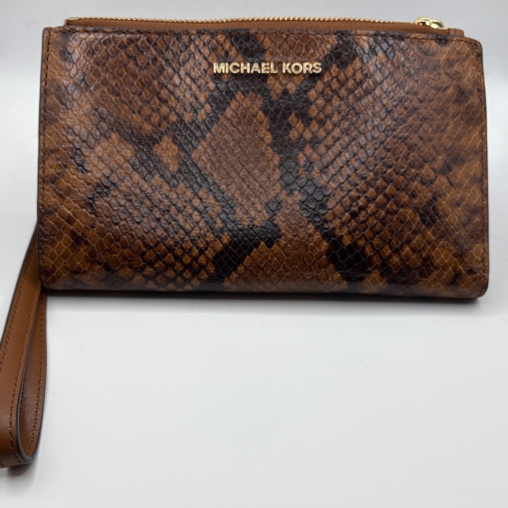 Michael Kors Tan and Brown Snake Print Clutch
